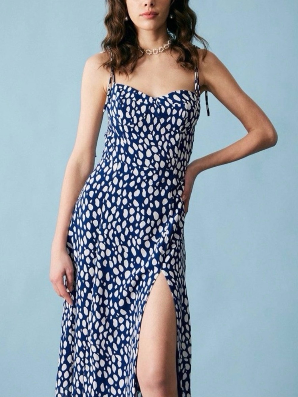 Blue and White Spotted Bustier Slip Dress with Side Slit Tags Missing